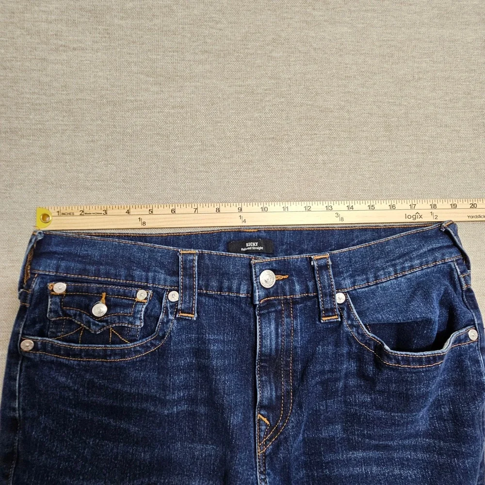True Religion Ricky Jeans Mens 36 Indigo Blue Relaxed Straight Flap Pockets
